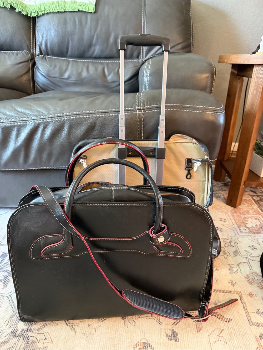 Black Leather Travel Briefcase with Red Accent Trim